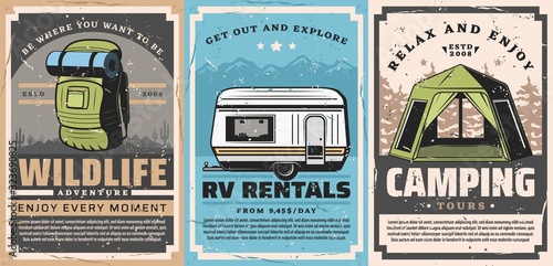 Mountain outdoor adventures and forest camping retro posters of travel vector design. Tourist camp tent, backpack and rv trailer, mountains, forest trees and desert landscape, tourism themes