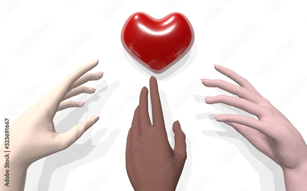 Human hands of different races are drawn to the heart. Palms light skin, dark skin, Asian skin. 3D rendering Human hands of different races are drawn to the heart. Palms light skin, dark skin, Asian skin. 3D rendering