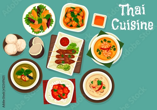 Thai food dishes vector design of seafood, meat and vegetables. Soups tom kha gai, fish and shrimps with rice noodles, sweet sour pork, green curry and grapefruit salad, pork satay, coconut ice cream