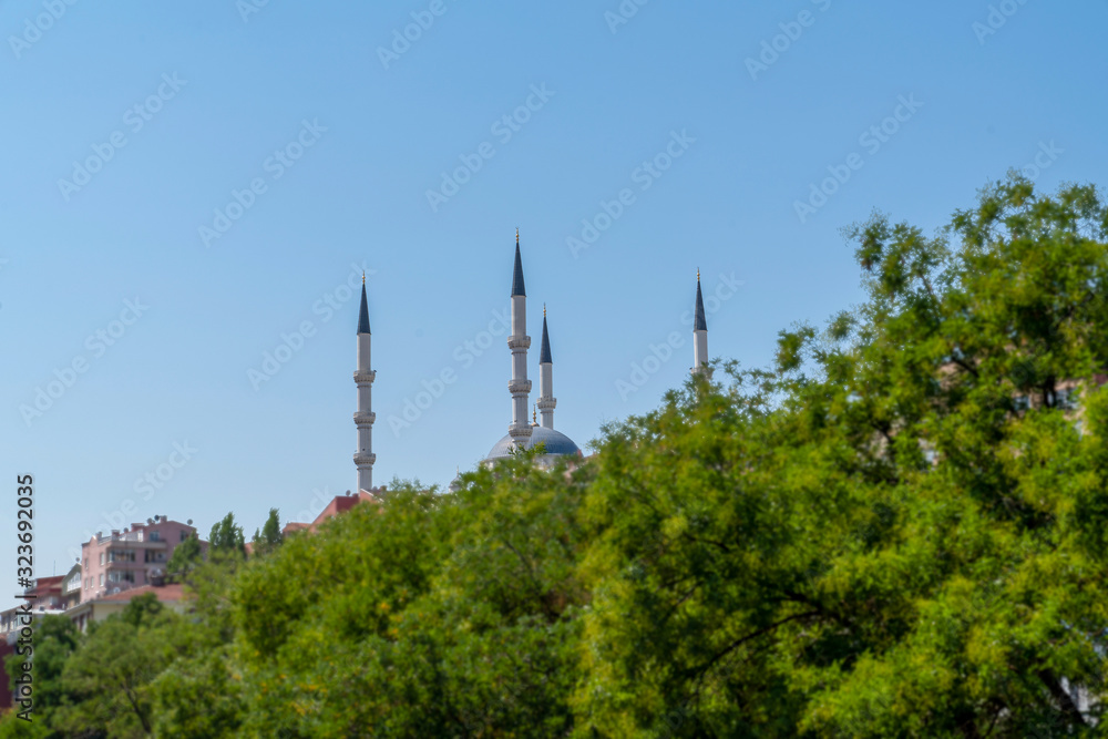Kocatepe Mosque behind green trees, Ankara, Turkey Kocatepe Mosque behind green trees, Ankara, Turkey