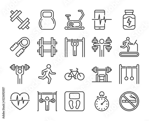 Gym icons. Fitness and Gym line icon set. Vector illustration. Editable stroke.