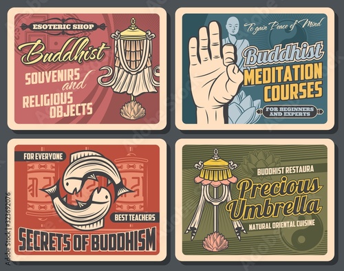 Buddhism religion vector design with Buddhist religious symbols of yin yang, sacred lotus and tibetan monk prayer wheels, om mudra, fish and precious umbrella. Retro posters of meditation courses