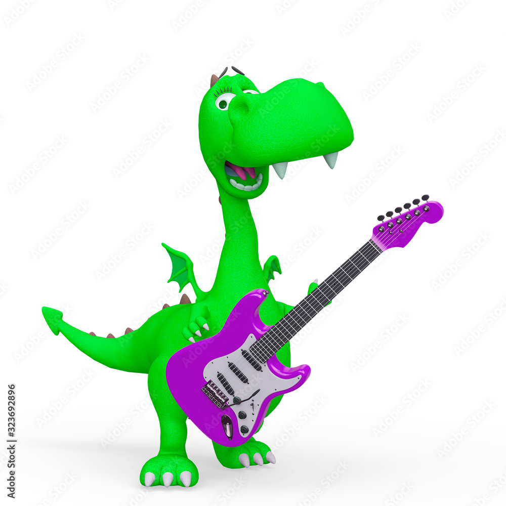 Naklejka premium baby dragon cartoon is playing guitar in a white background