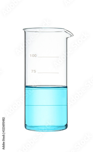 Beaker with light blue liquid isolated on white