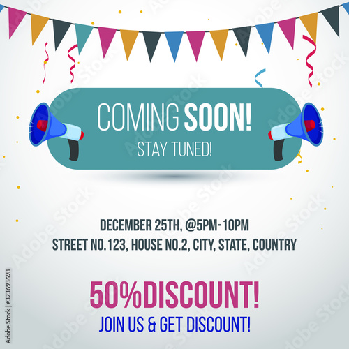 Coming Soon post for social media marketing in colorful banner with announcer for facebook and twitter.coming soon announcement poster with megaphones.50 percent discount advertisement.