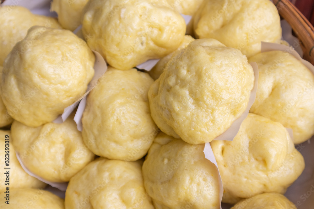 close up of homemade yellow streamed bun, Thai style close up of homemade yellow streamed bun, Thai style