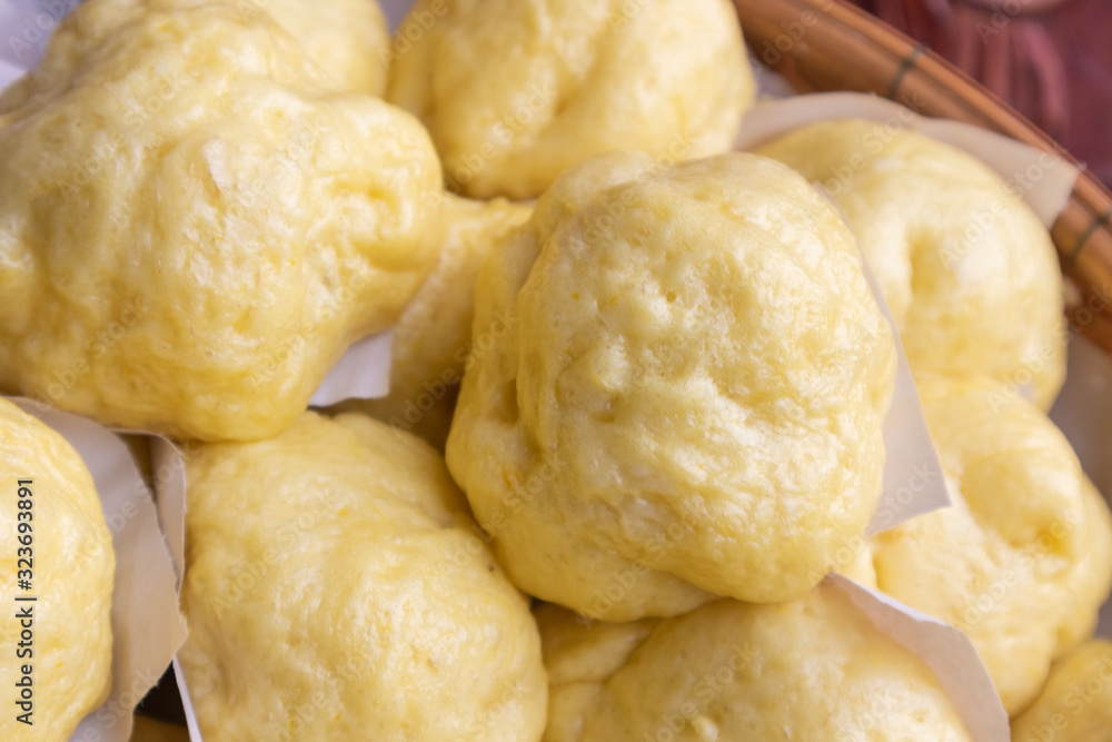 close up of homemade yellow streamed bun, Thai style close up of homemade yellow streamed bun, Thai style