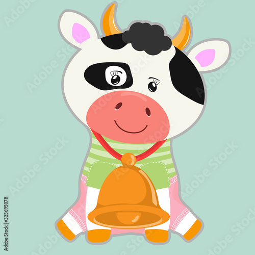 Greeting card cute cartoon smiling cow with with a bell.
