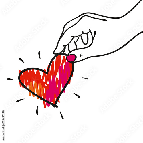 Give away his heart - Hand with decorative red-pink heart- hand-drawn vector illustration for banners, cards