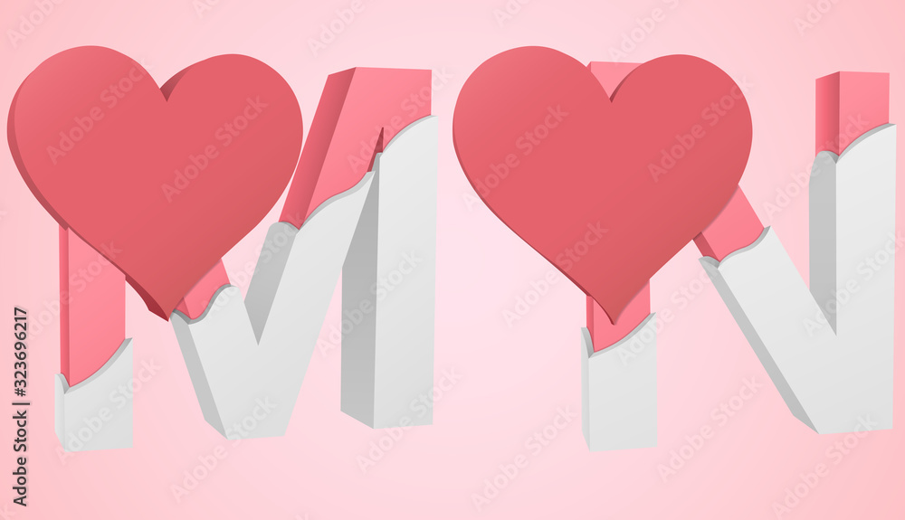 Letters M and N color pink inside the white broken Letters with a big red heart.