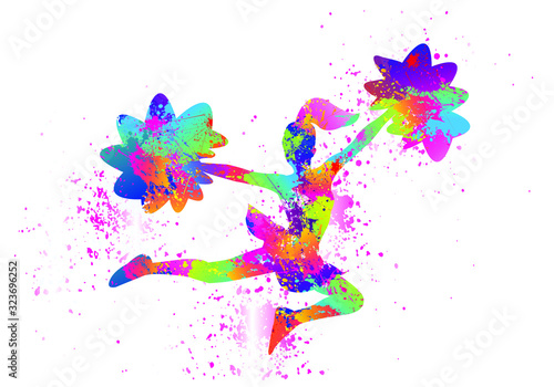 Popular Cheerleader Logo Design. Colorful Sports Background. Dancing girl splash paint. Icon, Symbol, Silhouette, Exercises, Healthcare. Vector illustration.  