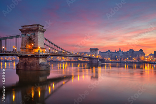 Budapest, Hungary. Cityscape image of Budapest skyline with the Chain Bridge building during beautiful winter sunrise.