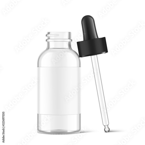 Dropper bottle mockup isolated on whitebackground. Vector illustration. Front view. Сan be used for cosmetic, medical and other needs. EPS10.
