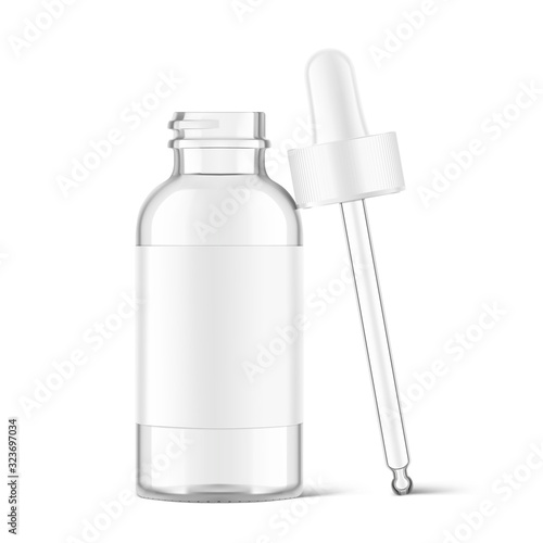 Dropper bottle mockup isolated on whitebackground. Vector illustration. Front view. Сan be used for cosmetic, medical and other needs. EPS10.