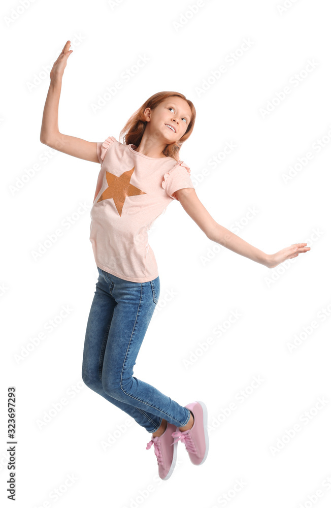 Full length portrait of preteen girl jumping on white background Full length portrait of preteen girl jumping on white background