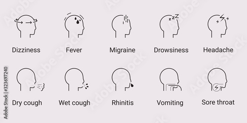 Set of icons on the theme of symptoms of diseases. Flat, minimalistic design. Vector, stock icons.