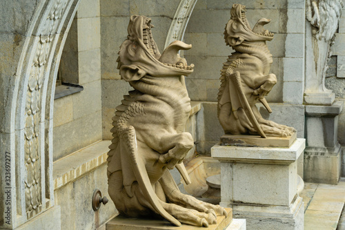 Sculptures of two Chimera near Massandra palace in Crimea. Elegant palace for Russian Emperor Alexander III is monument of end XIX century in Upper Massandra.Yalta, Crimea, Russia - September, 2019