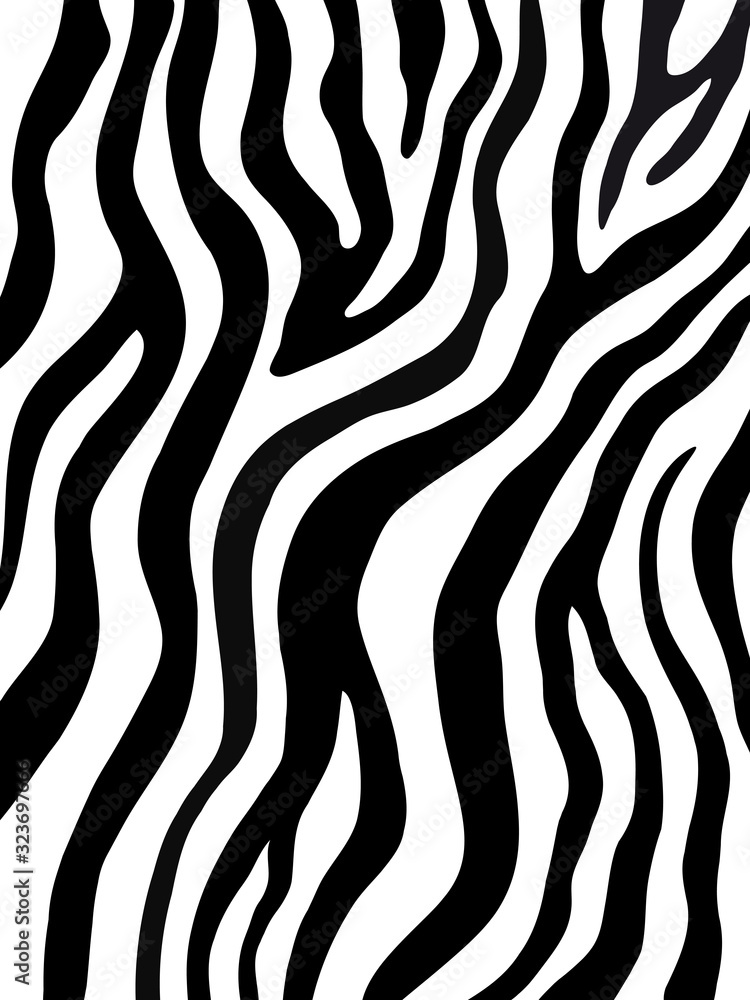 Zebra stripes seamless pattern. Tiger stripes skin print design. Wild animal hide artwork background. Black and white vector illustration.