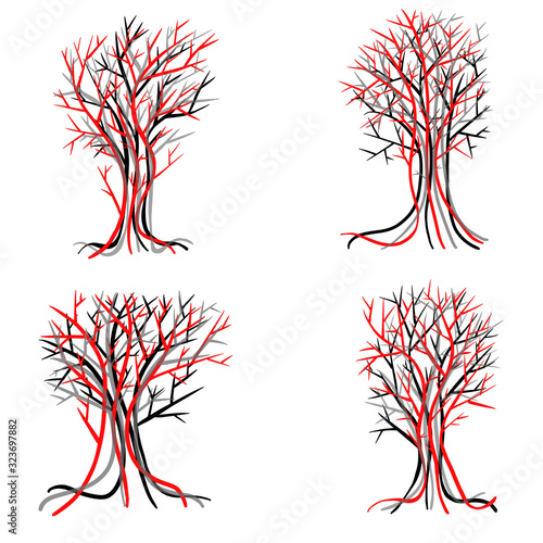 Four Vector Illustration Logos of Bare Winter Trees and Branches 