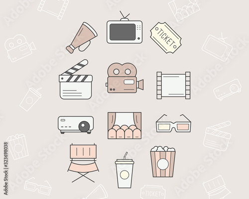 Movie Icons set - Vector color symbols and outline of film, cinema, video for the site or interface