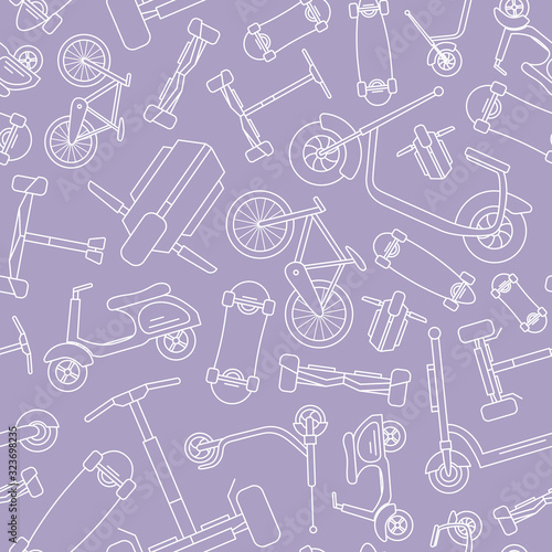 Eco-friendly transport background - Vector seamless pattern of scooter, monowheel, hoverboard, bicycle and skateboard for graphic design