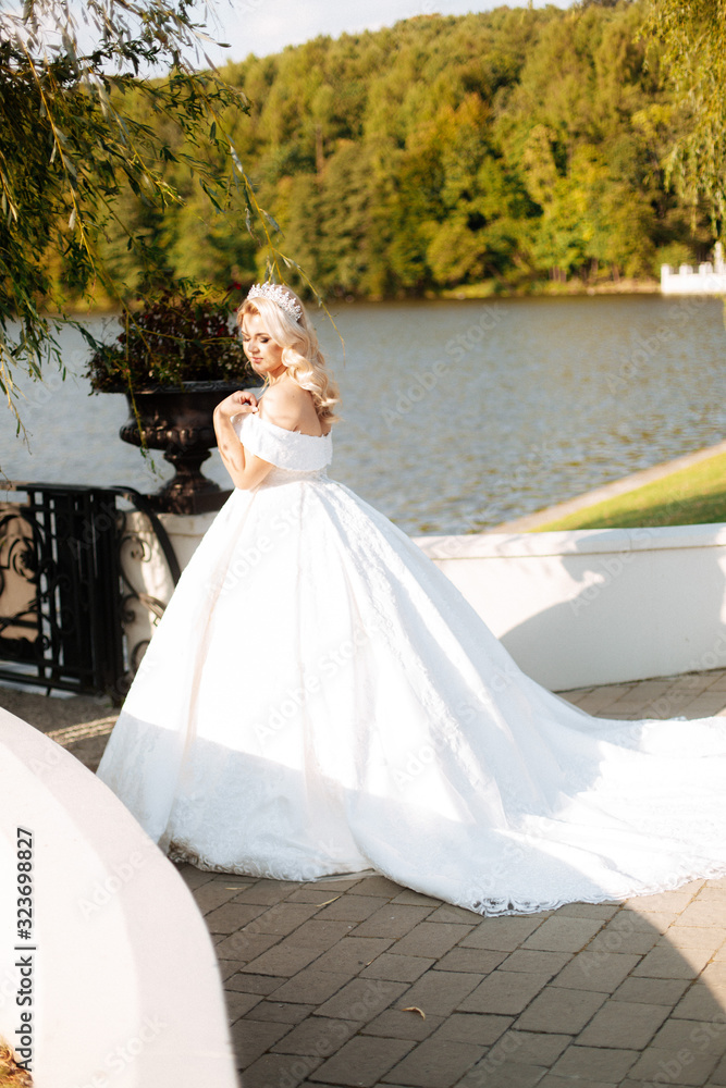 Fototapeta premium Bride and groom at a photo session in the nature. Lake and pier