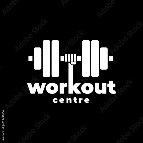 White dumbbell gym logo in black background. Gym and workout sign or sign - vector template