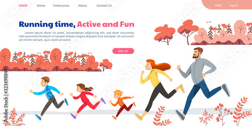 Web page with family running marathon or jogging. Active lifestyle, wholesome nutrition and sports. Creative landing page design template, web banner. Cartoon flat vector illustration.