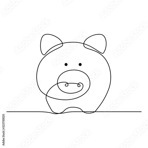 Piggy bank in continuous line art drawing style. Pig moneybox black linear sketch isolated on white background. Vector illustration