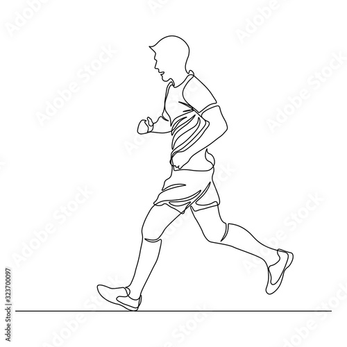 Jogging man in continuous line art drawing style. Runner black linear sketch isolated on white background. Vector illustration
