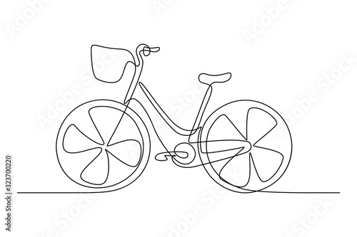 City bicycle with front basket in continuous line art drawing style. Black linear sketch isolated on white background. Vector illustration