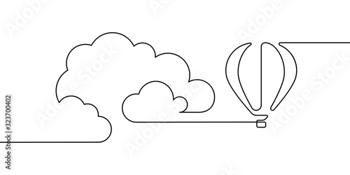 Hot air balloon floating in the sky among clouds in continuous line art drawing style. Minimalist black linear design isolated on white background. Vector illustration