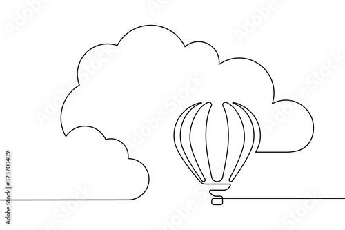 Hot air balloon floating in the sky among clouds in continuous line art drawing style. Minimalist black linear design isolated on white background. Vector illustration