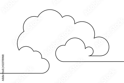 Clouds in the sky in continuous line art drawing style. Minimalist black linear design isolated on white background. Vector illustration