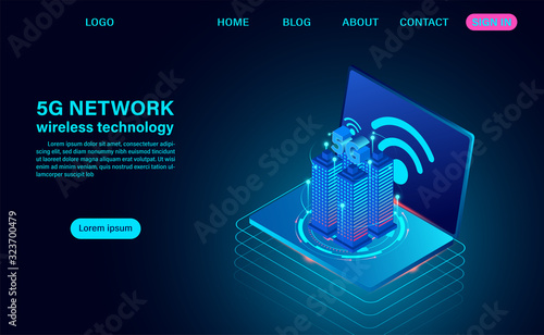 Smart city concept, buildings with 5G symbol wireless internet. technology and telecommunication. isometric concept vector illustration