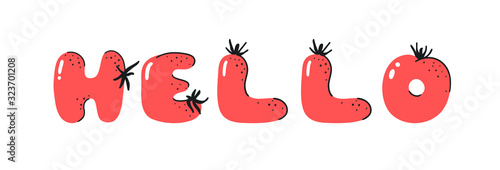 Cartoon vector illustration tomatos  ABC. Hand drawn font with vegan food and word LOL. Actual Creative art vegetarian alphabet 