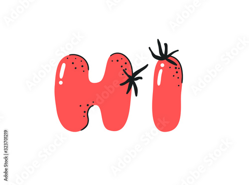 Cartoon vector illustration tomatos  ABC. Hand drawn font with vegan food and word LOL. Actual Creative art vegetarian alphabet 