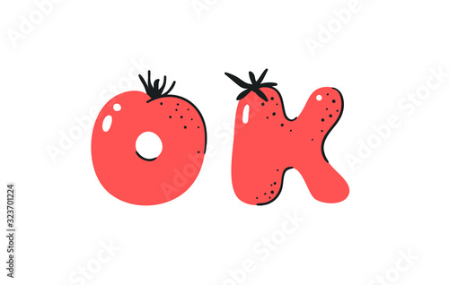 Cartoon vector illustration tomatos  ABC. Hand drawn font with vegan food and word LOL. Actual Creative art vegetarian alphabet 