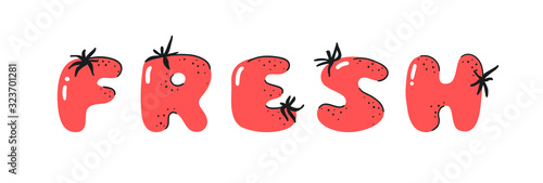Cartoon vector illustration tomatos  ABC. Hand drawn font with vegan food and word LOL. Actual Creative art vegetarian alphabet 