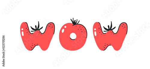 Cartoon vector illustration tomatos  ABC. Hand drawn font with vegan food and word LOL. Actual Creative art vegetarian alphabet 