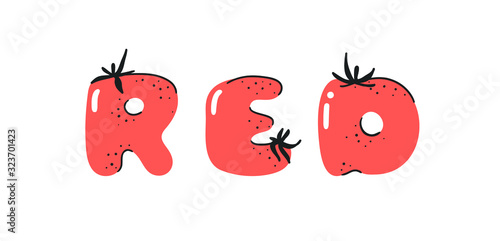 Cartoon vector illustration tomatos  ABC. Hand drawn font with vegan food and word LOL. Actual Creative art vegetarian alphabet 