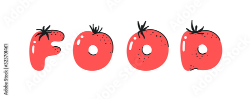 Cartoon vector illustration tomatos  ABC. Hand drawn font with vegan food and word LOL. Actual Creative art vegetarian alphabet 