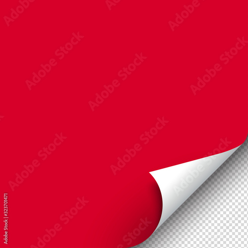 Red paper sticker with curled corner. Page curl with shadow. Template design. Sticky note page. Blank sheet of paper with corner. Vector