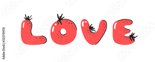 Cartoon vector illustration tomatos  ABC. Hand drawn font with vegan food and word LOL. Actual Creative art vegetarian alphabet 