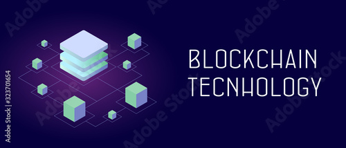 Blockchain technology - P2P distributed ledger technology (DLT) smart block chain decentralized secure storage. Abstract isometric blocks connected to each other by one line. Header and footer banner