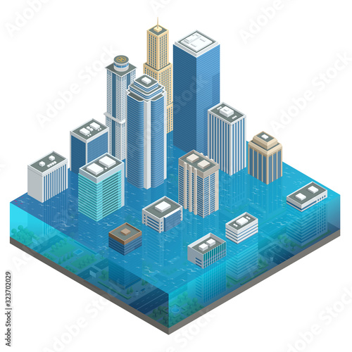 Isometric flooded city, flood, global warming. City floods and cars with garbage floating in the water. High and fast water.