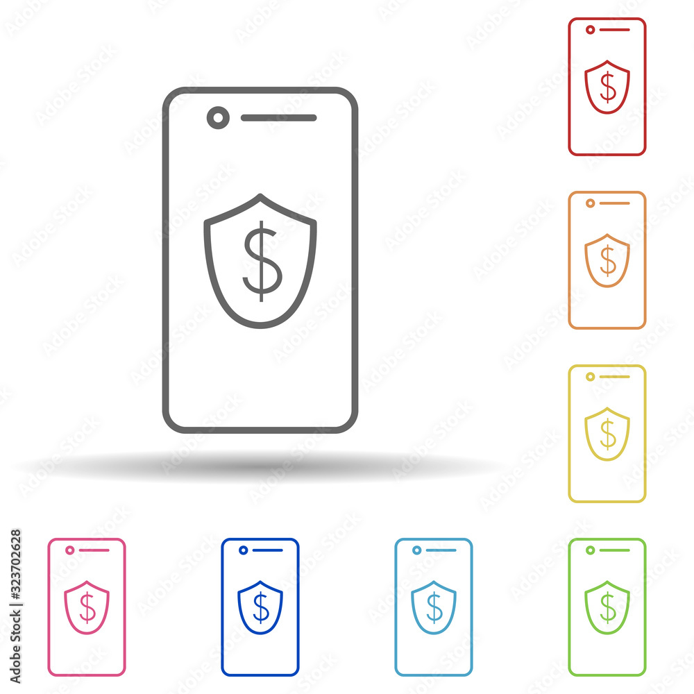 Protection of finance for mobile banking in multi color style icon. Simple thin line, outline vector of mobile banking icons for ui and ux, website or mobile application Protection of finance for mobile banking in multi color style icon. Simple thin line, outline vector of mobile banking icons for ui and ux, website or mobile application