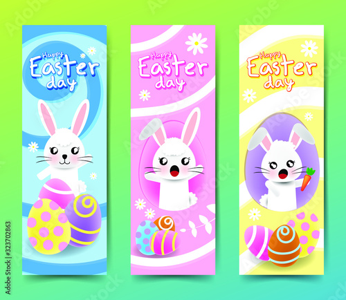 Set of banner for Easter Egg Hunt with cute bunny in egg frame. invitations and greeting cards design with rabbit cartoon color pastel