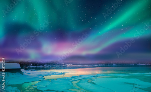 Canvastavla Northern lights (Aurora borealis) in the sky over Tromso, Norway Elements of th