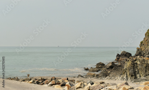 Plage de Jospinet dans les Côtes d'Armor en Bretagne et à l'horizon un vieux grément et quelques bateaux de plaisance naviguent